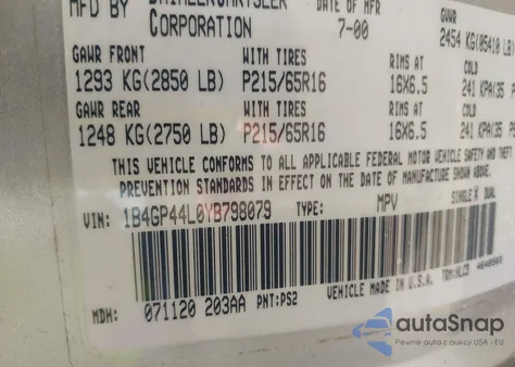 2000 Dodge Grand Caravan Se from USA, damaged, VIN 1B4GP44L0YB798079